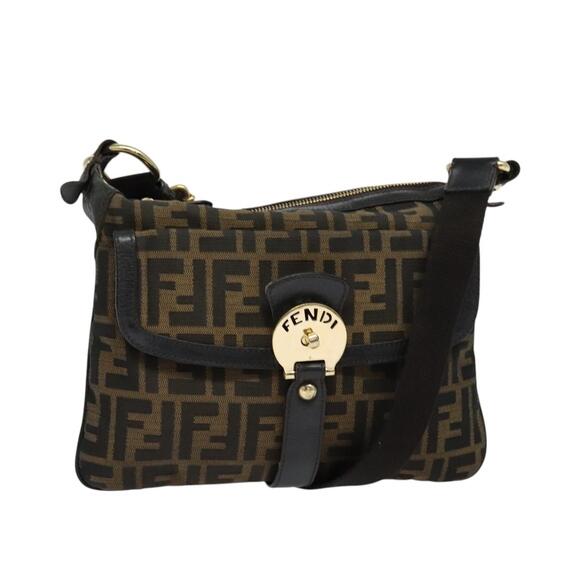 FENDI Zucca Canvas Shoulder Bag Brown Black Gold - Picture 1 of 12